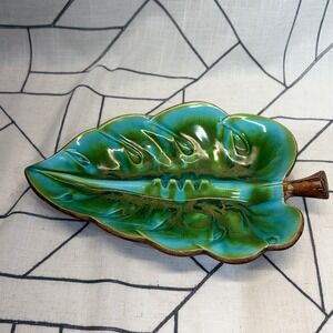 Treasure Craft Leaf Ashtray 11.5" Turquoise Green MCM Tiki Ceramic Catchall READ